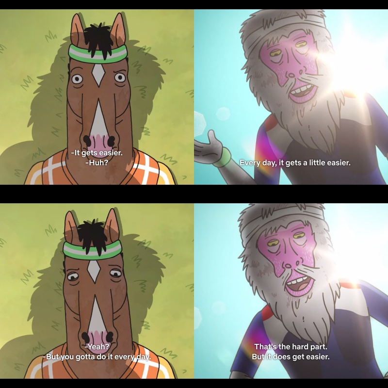 A screenshot collage from Bojack Horseman, with the captions of 'It gets easier. Every day, it gets a little easier. But you gotta do it every day. That's the hard part.', Copyright Netflix 2014