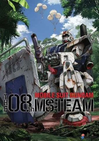 A promotional poster for "Mobile Suit Gundam: The 08th MS Team", an anime series. It features a large, heavily weathered and battle-damaged Gundam mech (robot) standing in a dense jungle setting. The Gundam is primarily white with red and blue accents and holds a large shield with the number "08" visible on it. The shield and the Gundam both show signs of rust and damage. Above the Gundam, three soldiers are descending from the sky using parachutes. The background consists of lush green foliage, tall trees, and a blue sky with some clouds. The title "Mobile Suit Gundam: The 08th MS Team" is prominently displayed at the bottom in bold black and red letters. The logo for Sunrise, the studio behind the series, is located in the lower right corner of the image.