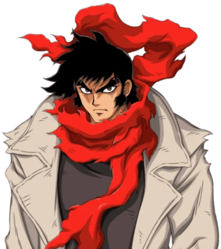 A front on portrait of Ryoma Nagare from Getter Robo. He is a man with a serious expression, long black hair with the famous Go Nagai sideburns of hot bloodedness, a grey t-shirt and beige overcoat. A long, fraying red scarf is dramatically wrapped around his neck.