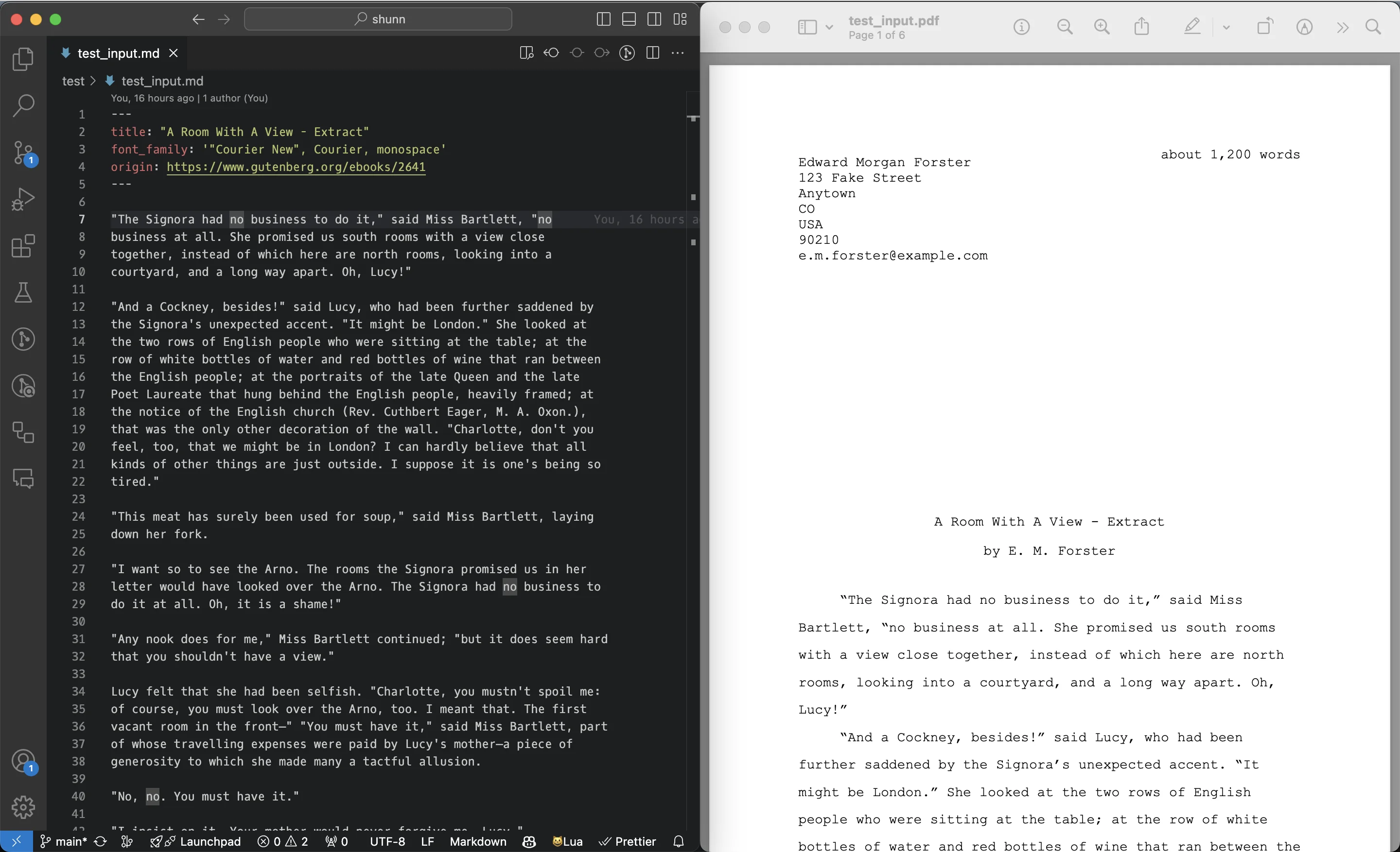 A screenshot showing Visual Studio Code on the left, with a Markdown extract of E. M. Forster's A Room With A View, and a PDF version of that extract on the right, generated by the Shunn tool.
